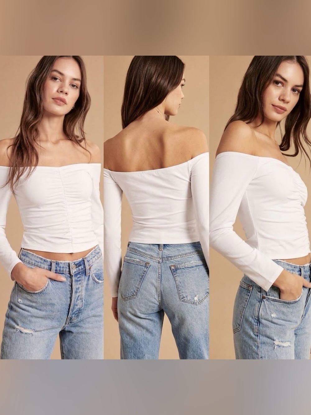 NWT Abercrombie & Fitch WHITE Long Sleeve Cinched Front Off-The-Shoulder Top S